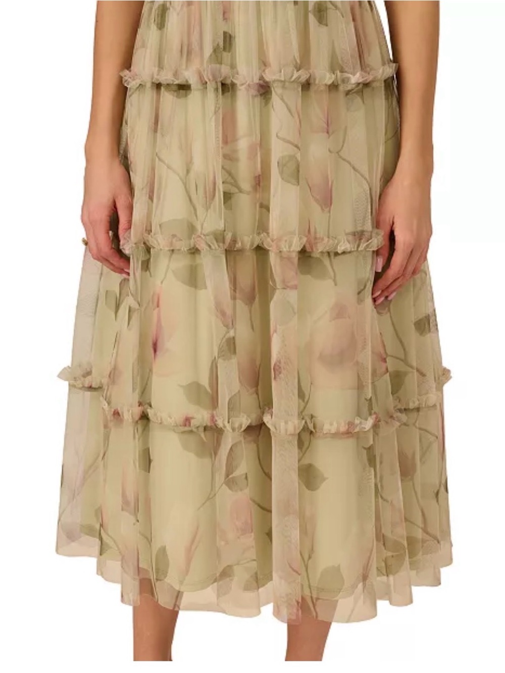 Adrianna Papell Olive Floral Tiered Midi Dress with Pink Blooms - Picture 4 of 4